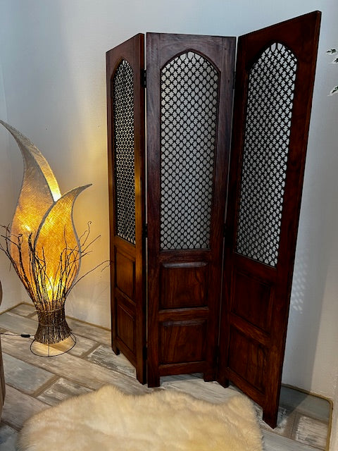 Solid Acacia Wood Room Divider / Folding Screen with Metal Mesh